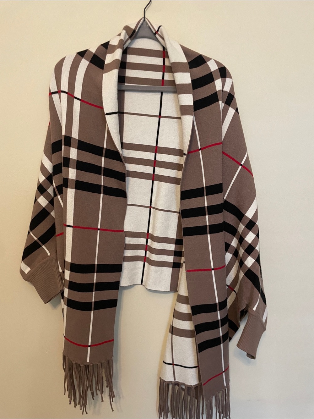 Taupe Plaid Fringe Knit Cape Jacket - Women - Reversible